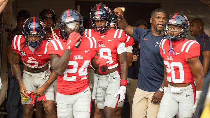 Oct 12, 2024; Baton Rouge, Louisiana, USA;  Mississippi Rebels running back Ulysses Bentley IV (24) and wide receiver Cayden Lee (19) in the tunnel before a game against the LSU Tigers at Tiger Stadium. Mandatory Credit: Stephen Lew-Imagn Images