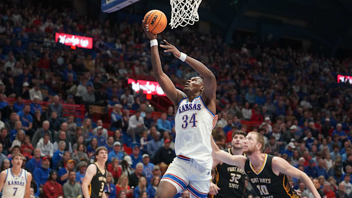 Kansas Jayhawks center Paul Mbiya (34) looks for the basket during the second half of the exhibition game against Fort Hays State Tigers inside Allen Fieldhouse on Tuesday, October, 28, 2025.