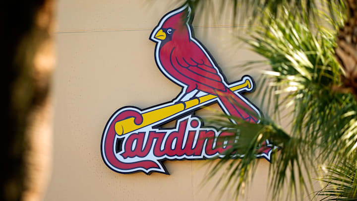 Feb 26, 2021; Jupiter, Florida, USA; A general view of the St. Louis Cardinals logo on the stadium at Roger Dean Stadium during spring training workouts. Mandatory Credit: Jasen Vinlove-Imagn Images