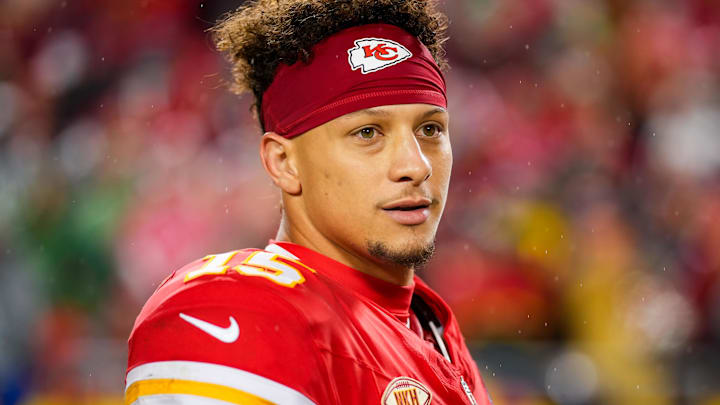 Kansas City Chiefs quarterback Patrick Mahomes (15) reacts after a game against the Philadelphia Eagles at GEHA Field at Arrowhead Stadium.