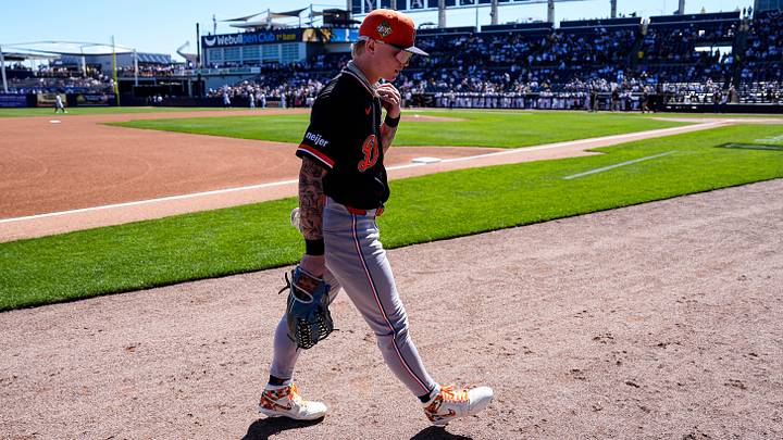 Detroit Tigers outfielder Max Clark walks off the field after warmups before the spring training game against the New York Yankees at George M. Steinbrenner Field in Tampa, Fla. on Saturday, Feb. 21, 2026.