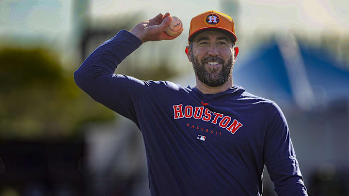 Feb 14, 2024; West Palm Beach, FL, USA; Houston Astros starting pitcher Justin Verlander (35) works