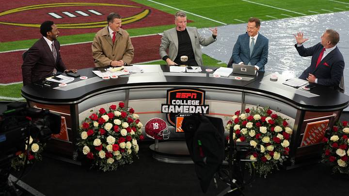 Desmond Howard, Rece Davis, Pat McAfee, Nick Saban and Kirk Herbstreit on the ESPN College Gameday set during the 2026 Rose Bowl. Desmond Howard, Rece Davis, Pat McAfee, Nick Saban and Kirk Herbstreit on the ESPN College Gameday set during the 2026 Rose Bowl.