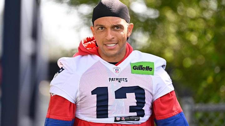 Jul 23, 2025; Foxborough, MA, USA; New England Patriots wide receiver Mack Hollins (13) heads to the practice field for day one of training camp at Gillette Stadium. Mandatory Credit: Eric Canha-Imagn Images