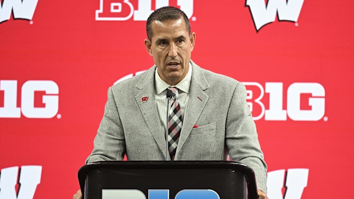 Jul 23, 2024; Indianapolis, IN, USA; Wisconsin Badgers head coach Luke Fickell speaks to the media during the Big 10 football media day at Lucas Oil Stadium. 