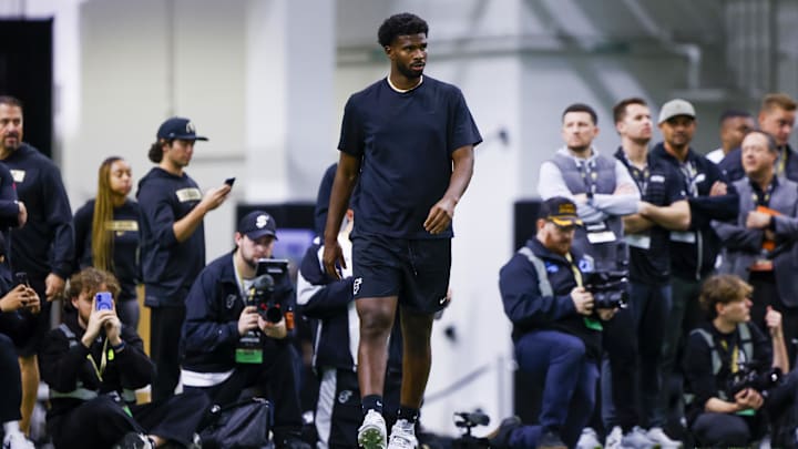 Apr 4, 2025; Boulder, CO, USA; Colorado Buffaloes quarterback Shedeur Sanders (2) runs drills at the University of Colorado NFL Showcase at the CU Indoor Practice Facility. Mandatory Credit: Michael Ciaglo-Imagn Images