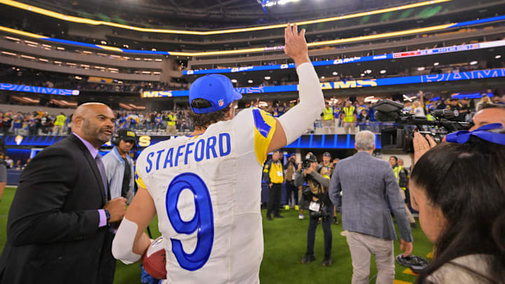 Nov 23, 2025; Inglewood, California, USA; Los Angeles Rams quarterback Matthew Stafford (9) acknowledges the crowd and walks off the field after the game against the Tampa Bay Buccaneers at SoFi Stadium. Mandatory Credit: Jayne Kamin-Oncea-Imagn Images