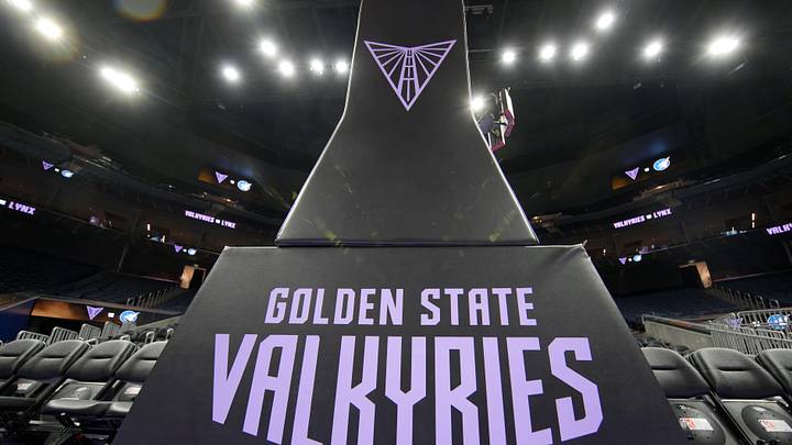 The Golden State Valkyries name and logo on the basket padding before the game against the Minnesota Lynx at Chase Center.