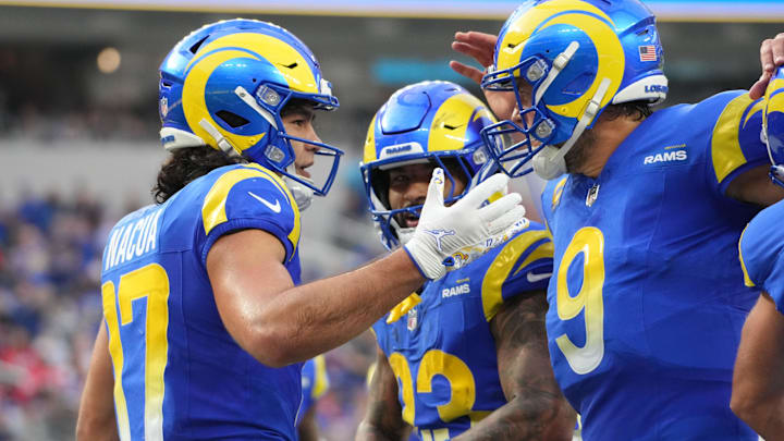 Nacua celebrates with Stafford after scoring a touchdown in the Rams' win over the Bills on Sunday.
