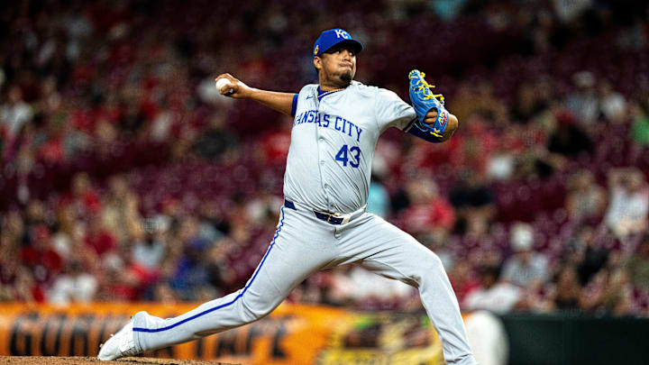 Kansas City Royals pitcher Carlos Hernandez (43) delivers the pitch in the ninth inning of the MLB game between the Cincinnati Reds and Kansas City Royals at Great American Ball Park in Cincinnati on Saturday, Aug. 17, 2024. Kansas City Royals pitcher Carlos Hernandez (43) delivers the pitch in the ninth inning of the MLB game between the Cincinnati Reds and Kansas City Royals at Great American Ball Park in Cincinnati on Saturday, Aug. 17, 2024.