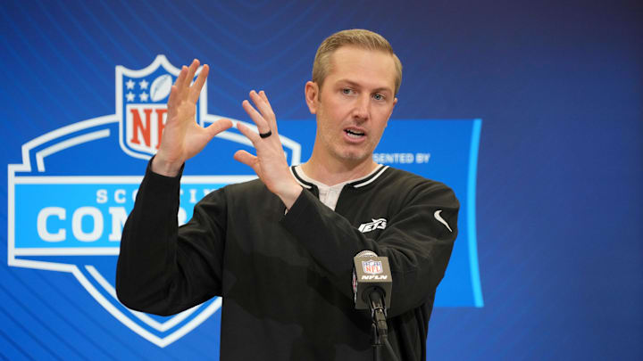 Feb 25, 2025; Indianapolis, IN, USA; New York Jets general manager Darren Mougey speaks during the NFL Scouting Combine at the Indiana Convention Center. Mandatory Credit: Kirby Lee-Imagn Images