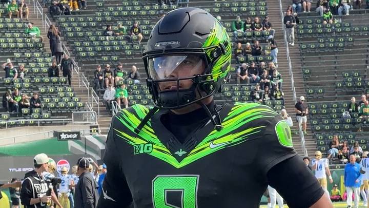 Oregon Ducks quarterback Dylan Raiola wearing the 'Origin of Speed' uniform Oregon Ducks quarterback Dylan Raiola wearing the 'Origin of Speed' uniform