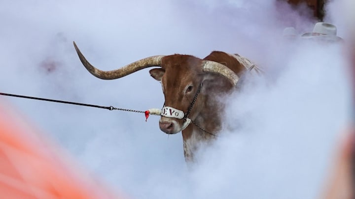 Bevo enters the stadium as the Texas Longhorns take on ULM at Darrell K Royal-Texas Memorial Stadium in Austin on Saturday, Sept. 21, 2024.
