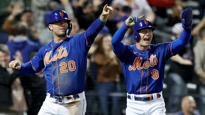 Sep 28, 2022; New York City, New York, USA; New York Mets first baseman Pete Alonso (20) and center fielder Brandon Nimmo (9) react after scoring against the Miami Marlins on a single by third baseman Eduardo Escobar (not pictured) during the eighth inning at Citi Field. Mandatory Credit: Brad Penner-Imagn Images Sep 28, 2022; New York City, New York, USA; New York Mets first baseman Pete Alonso (20) and center fielder Brandon Nimmo (9) react after scoring against the Miami Marlins on a single by third baseman Eduardo Escobar (not pictured) during the eighth inning at Citi Field. Mandatory Credit: Brad Penner-Imagn Images