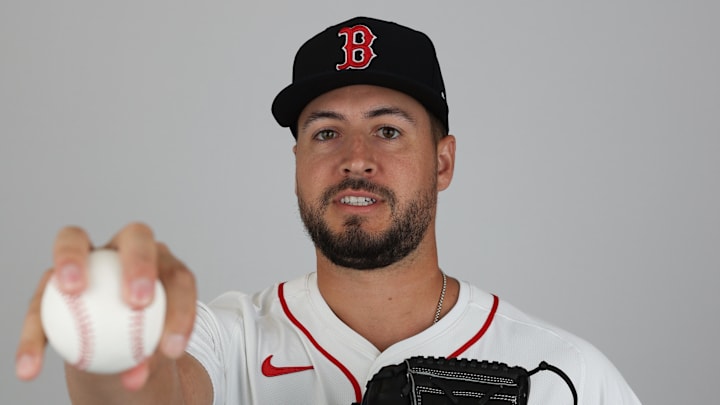 Feb 18, 2025; Lee County, FL, USA; Boston Red Sox pitcher Brian Van Belle (77) participates in media day at JetBlue Park at Fenway South. Mandatory Credit: Nathan Ray Seebeck-Imagn Images