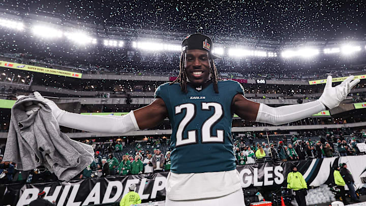 Jan 26, 2025; Philadelphia, PA, USA; Philadelphia Eagles cornerback Kelee Ringo (22) celebrates after a victory in the NFC Championship game against the Washington Commanders at Lincoln Financial Field. Mandatory Credit: Bill Streicher-Imagn Images