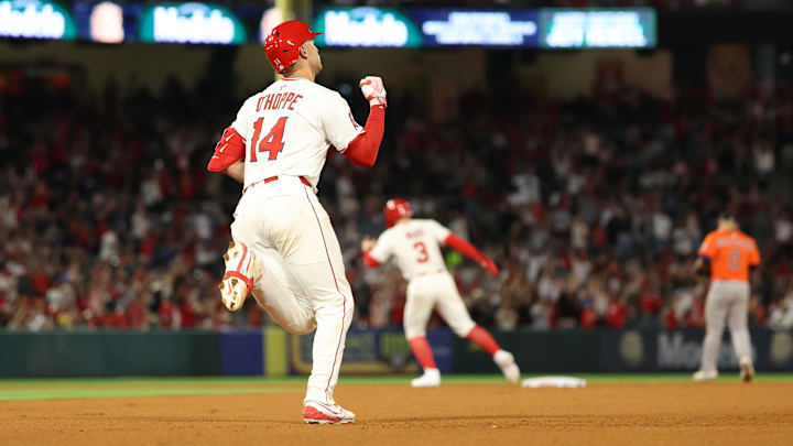 Jun 21, 2025; Anaheim, California, USA; Los Angeles Angels catcher Logan O'Hoppe (14) reacts after hitting a home run during the seventh inning against the Houston Astros at Angel Stadium. Mandatory Credit: Kiyoshi Mio-Imagn Images Jun 21, 2025; Anaheim, California, USA; Los Angeles Angels catcher Logan O'Hoppe (14) reacts after hitting a home run during the seventh inning against the Houston Astros at Angel Stadium. Mandatory Credit: Kiyoshi Mio-Imagn Images
