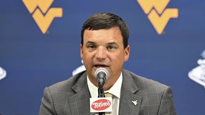 Jul 10, 2024; Las Vegas, NV, USA; West Virginia head coach Neal Brown speaks to the media during the Big 12 Media Days at Allegiant Stadium. Mandatory Credit: Candice Ward-Imagn Images