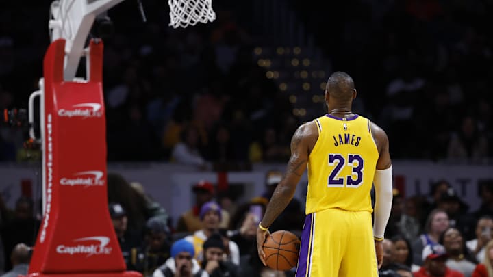 Apr 3, 2024; Washington, District of Columbia, USA; Los Angeles Lakers forward LeBron James (23) prepares for a free throw attempt against the Washington Wizards in the second half at Capital One Arena. Mandatory Credit: Geoff Burke-Imagn Images