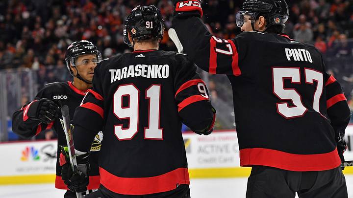 Mar 2, 2024; Philadelphia, Pennsylvania, USA; Ottawa Senators right wing Vladimir Tarasenko (91) celebrates his goal with teammates against the Philadelphia Flyers during the second period at Wells Fargo Center. Mandatory Credit: Eric Hartline-USA TODAY Sports Mar 2, 2024; Philadelphia, Pennsylvania, USA; Ottawa Senators right wing Vladimir Tarasenko (91) celebrates his goal with teammates against the Philadelphia Flyers during the second period at Wells Fargo Center. Mandatory Credit: Eric Hartline-USA TODAY Sports