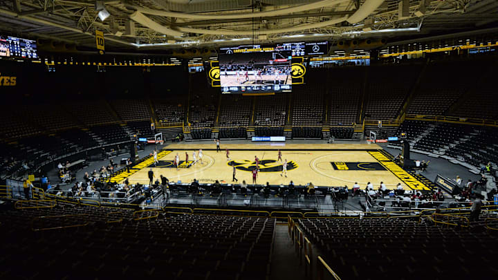 Nov 25, 2020; Iowa City, Iowa, USA; A general view of a largely empty Carver-Hawkeye Arena during the first half of the game between the Iowa Hawkeyes and the North Carolina Central Eagles. Mandatory Credit: Jeffrey Becker-Imagn Images