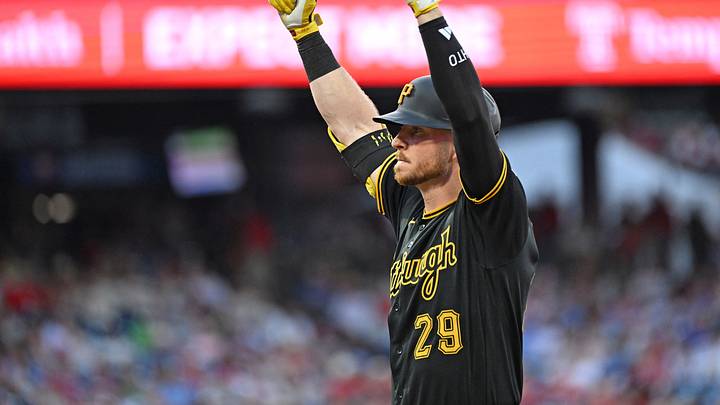 Jun 29, 2026; Philadelphia, Pennsylvania, USA; Pittsburgh Pirates right fielder Ryan O'Hearn (29) celebrates after hitting a 2-RBI single against the Philadelphia Phillies during the fifth inning at Citizens Bank Park. Mandatory Credit: Eric Hartline-Imagn Images