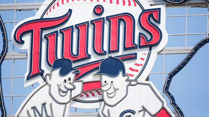 May 4, 2017; Minneapolis, MN, USA; The Minnesota Twins logo in center field during a game against the Oakland Athletics at Target Field. Mandatory Credit: Brad Rempel-Imagn Images