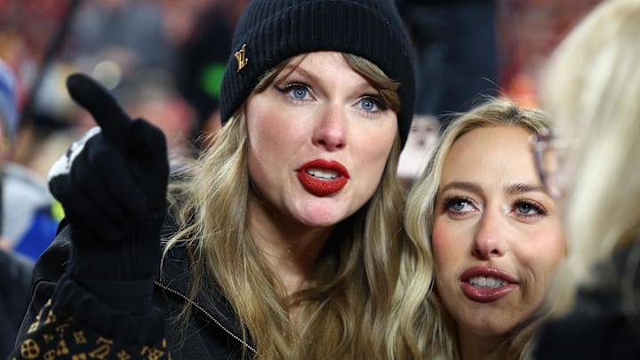 Recording artist Taylor Swift  and Brittany Mahomes react after the AFC Championship game against the Buffalo Bills at GEHA Field at Arrowhead Stadium. 