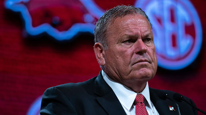 Arkansas coach Sam Pittman addresses the media at the 2023 SEC Football Kickoff Media Days at the Nashville Grand Hyatt on Broadway in 2023. Arkansas coach Sam Pittman addresses the media at the 2023 SEC Football Kickoff Media Days at the Nashville Grand Hyatt on Broadway in 2023.