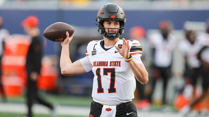 Sep 26, 2026; Morgantown, West Virginia, USA;  Oklahoma State Cowboys quarterback Drew Mestemaker (17) warms up prior to their game West Virginia Mountaineers at Milan Puskar Stadium.  Mandatory Credit: Ben Queen-Imagn Images