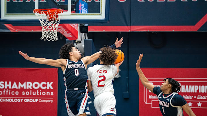 St. Mary's Gaels guard Jordan Ross (2) drives to the net for a layup against Gonzaga Bulldogs guard Ryan Nembhard (0). St. Mary's Gaels guard Jordan Ross (2) drives to the net for a layup against Gonzaga Bulldogs guard Ryan Nembhard (0).