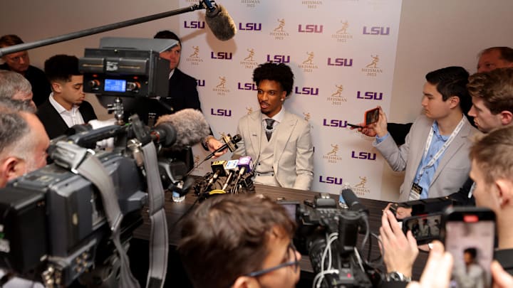 Dec 9, 2023; New York, New York, USA; LSU Tigers quarterback Jayden Daniels speaks to the media