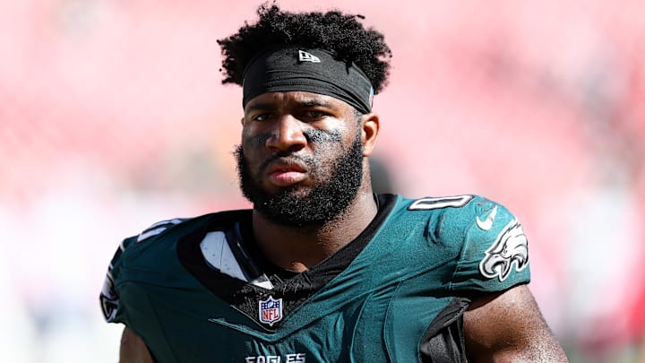 Sep 29, 2024; Tampa, Florida, USA; =Philadelphia Eagles defensive end Bryce Huff (0) looks on after a game against the Tampa Bay Buccaneers at Raymond James Stadium. Mandatory Credit: Nathan Ray Seebeck-Imagn Images