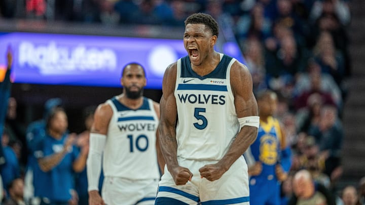 Dec 6, 2024; San Francisco, California, USA; Minnesota Timberwolves guard Anthony Edwards (5) celebrates after making a three point basket against the Golden State Warriors during the fourth quarter at Chase Center. Dec 6, 2024; San Francisco, California, USA; Minnesota Timberwolves guard Anthony Edwards (5) celebrates after making a three point basket against the Golden State Warriors during the fourth quarter at Chase Center.
