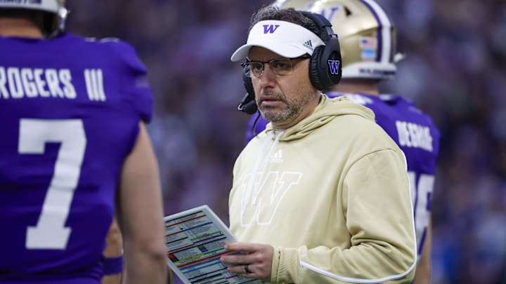 Nov 2, 2024; Seattle, Washington, USA; Washington Huskies head coach Jedd Fisch stands on the sideline during the first quarter against the USC Trojans at Alaska Airlines Field at Husky Stadium. Mandatory Credit: Joe Nicholson-Imagn Images