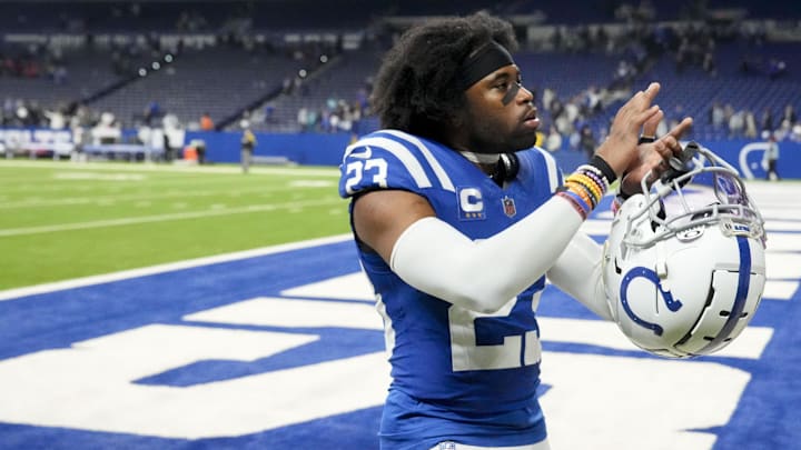 Jan 5, 2025; Indianapolis, Indiana, USA; Indianapolis Colts cornerback Kenny Moore II (23) leaves the field after defeating the Jacksonville Jaguars 26-23 in overtime at Lucas Oil Stadium. Mandatory Credit: Christine Tannous/USA TODAY Network via Imagn Images