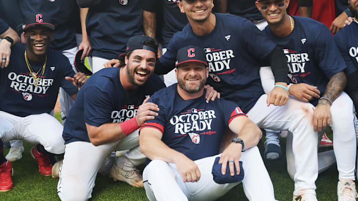 Sep 19, 2024; Cleveland, Ohio, USA; Cleveland Guardians manager Stephen Vogt, middle, celebrates with players after the Guardians beat the Minnesota Twins at Progressive Field. The Guardians clinched a playoff berth with the win. Mandatory Credit: Ken Blaze-Imagn Images