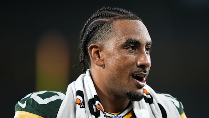 Aug 9, 2025; Green Bay, Wisconsin, USA;  Green Bay Packers quarterback Jordan Love (10) walks off the field following a 30-10 loss against the New York Jets at Lambeau Field. Mandatory Credit: Kayla Wolf-Imagn Images