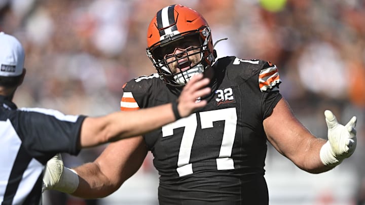 Oct 1, 2023; Cleveland, Ohio, USA; Cleveland Browns guard Wyatt Teller (77) reacts after he was flagged for a holding penalty in the third quarter against the Baltimore Ravens at Cleveland Browns Stadium. Mandatory Credit: David Richard-Imagn Images Oct 1, 2023; Cleveland, Ohio, USA; Cleveland Browns guard Wyatt Teller (77) reacts after he was flagged for a holding penalty in the third quarter against the Baltimore Ravens at Cleveland Browns Stadium. Mandatory Credit: David Richard-Imagn Images