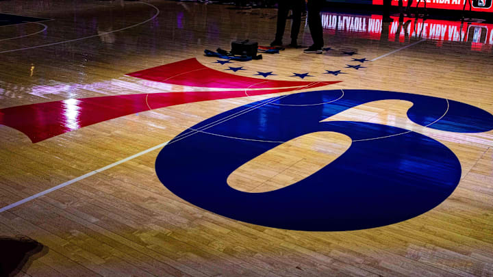 May 11, 2023; Philadelphia, Pennsylvania, USA; General view of center court with the Philadelphia 76ers logo before game six of the 2023 NBA playoffs against the Boston Celtics at Wells Fargo Center. Mandatory Credit: Bill Streicher-Imagn Images