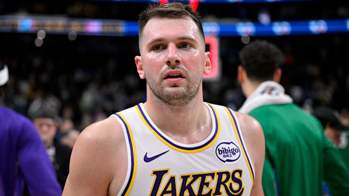 Jan 24, 2026; Dallas, Texas, USA; Los Angeles Lakers guard Luka Doncic (77) walks off the court after the Lakers win over the Dallas Mavericks at the American Airlines Center. Mandatory Credit: Jerome Miron-Imagn Images