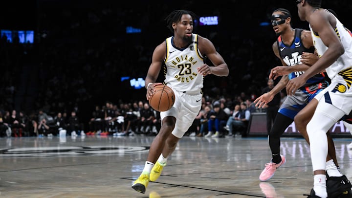 Apr 3, 2024; Brooklyn, New York, USA; Indiana Pacers forward Aaron Nesmith (23) drives to the basket. Apr 3, 2024; Brooklyn, New York, USA; Indiana Pacers forward Aaron Nesmith (23) drives to the basket.