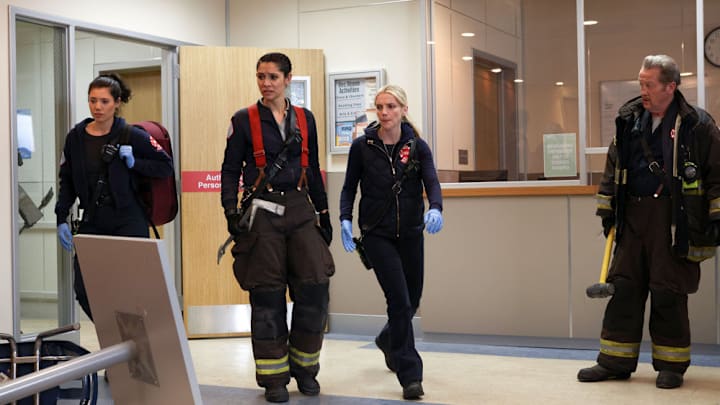 CHICAGO FIRE -- "On The Hook" Episode 12005 -- Pictured: (l-r) Hanako Greensmith as Violet Mikami, Miranda Rae Mayo as Stella Kidd, Kara Killmer as Sylvie Brett, Christian Stolte as Randy "Mouch" McHolland -- (Photo by: Adrian S Burrows Sr/NBC)