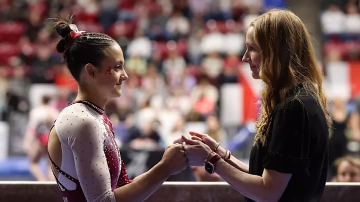 Alabama gymnastics coach Ashley Johnston and Gabby Gladieux. (Image credit: Alabama Athletics) Alabama gymnastics coach Ashley Johnston and Gabby Gladieux. (Image credit: Alabama Athletics)