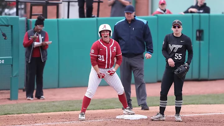 Alabama Softball Player Alexis Pupillo (31) celebrates at third base against Virginia Tech at Rhoads Stadium in Tuscaloosa, AL on Sunday, Feb 23, 2025.