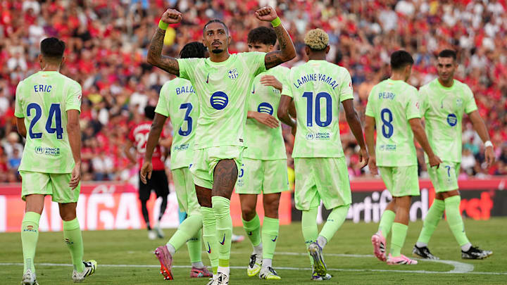 Raphinha (front) scored Barcelona’s first goal of the season.