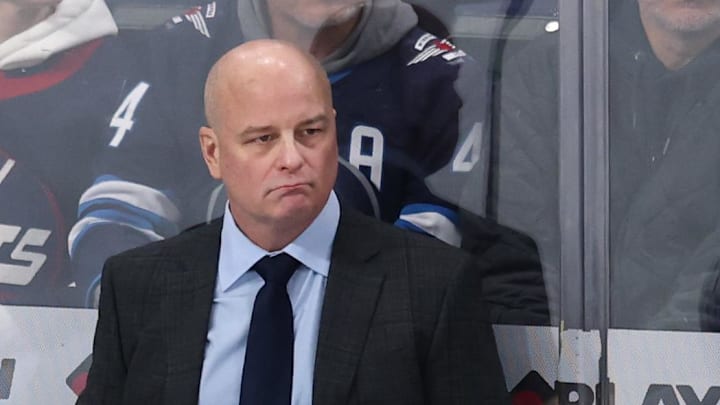 Mar 15, 2026; Winnipeg, Manitoba, CAN; St. Louis Blues head coach Jim Montgomery looks on during a game against the Winnipeg Jets in the third period at Canada Life Centre. Mandatory Credit: James Carey Lauder-Imagn Images
