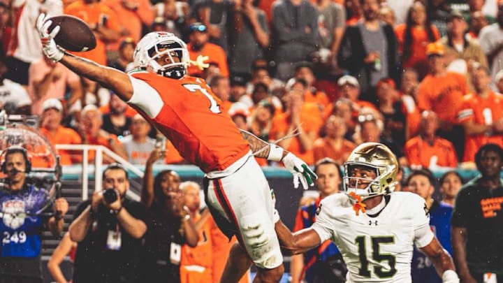 Miami Hurricanes Wide Receiver CJ Daniels with a one handed catch for a touchdown to end the first half against No. 5 Notre Dame
