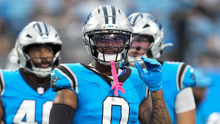 Aug 2, 2025; Charlottle, NC, USA; Carolina Panthers tight end Ja'Tavion Sanders (0) during Fanfest at Bank of America Stadium. Mandatory Credit: Jim Dedmon-Imagn Images