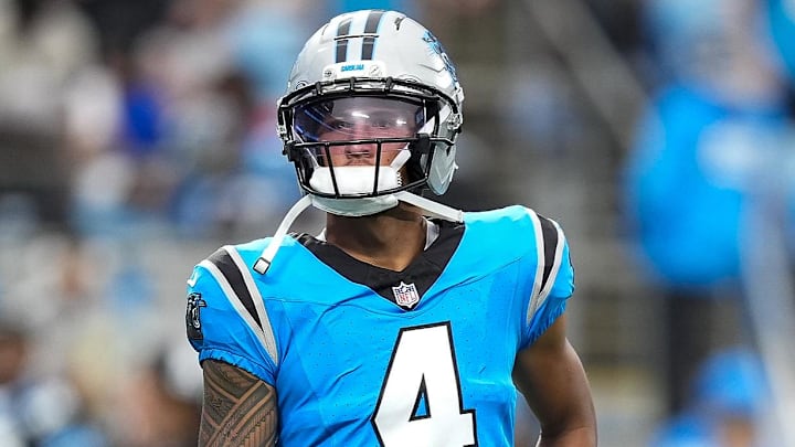 Aug 2, 2025; Charlottle, NC, USA; Carolina Panthers wide receiver Tetairoa McMillan (4) takes the field during Fanfest at Bank of America Stadium. Mandatory Credit: Jim Dedmon-Imagn Images Aug 2, 2025; Charlottle, NC, USA; Carolina Panthers wide receiver Tetairoa McMillan (4) takes the field during Fanfest at Bank of America Stadium. Mandatory Credit: Jim Dedmon-Imagn Images
